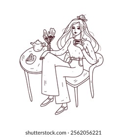 A young girl enjoys hot coffee and dessert sitting on a chair. Vector illustration in the style of contour drawing for cafe and coffee shop design