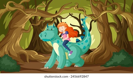 Young girl enjoys a ride on a blue dragon.