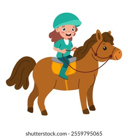 Young girl enjoys riding a brown pony in a cheerful outdoor setting