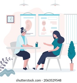 Young girl at ENT doctor's appointment. Woman with ear pain consults with otolaryngologist. Specialist treats diseases and pathologies of nose, throat. Otolaryngology concept. Flat vector illustration