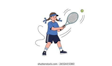 Young Girl Enthusiastically Playing Tennis Practicing Her Swing with Racket and Ball Outdoors on Sunny Day