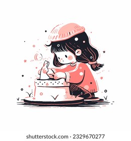 A young girl entranced by the magic of a spinning Christmas music box. Vector Illustration.