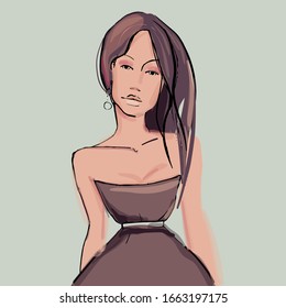 Niña joven vestida con el pelo suelto en ropa violeta. La mujer de moda mira. Esbozo. Ilustración vectorial.