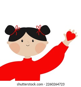 Young girl face. Beautiful lady, female holding red heart. Portrait of woman. Brunette hairstyle. Black bun hair. Cute cartoon funny character. Love card. Flat design. White background. Vector