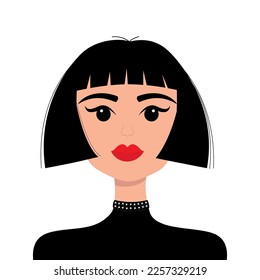 Young girl face. Brunette bob cut hairstyle. Portrait of woman. Beautiful lady, female. Black hair. Avatar for social networks. Red lipstick eyeshadow makeup. Flat design. White background. Vector