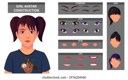 Young Girl Face Construction Pack For Avatar Creation. Avatar Build With Head And Hair Styles, Eyes, Nose, Mouth, Eyebrows. Premium Vector Set.