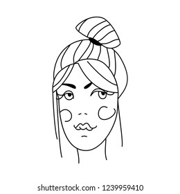 Young girl face illustration in white background. Hand drawn woman portrait stylized in lines. Isolated outline, line, contour. Sketch. Vector.