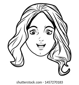 young girl face with long hair avatar cartoon character portrait profile picture in black and white vector illustration graphic design