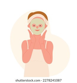 Young girl with face mask. Beauty skin care, morning refreshing face routine vector illustration