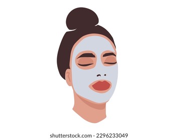 Joven con máscara facial y desordenada ilustración vectorial moderna Bun. Cercar el retrato de una mujer hermosa. Rutina, procedimiento de belleza.