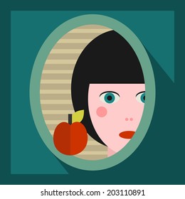 Young girl face in the mirror. Vector illustration.