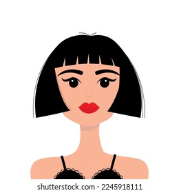 Young girl face. Portrait of woman. Beautiful lady, female. Brunette bob cut hairstyle. Black hair. Red lipstick makeup. Avatar for social networks. Front view. Flat design. White background. Vector