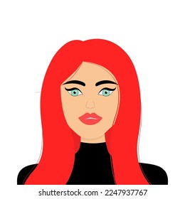 Young girl face. Portrait of woman. Stylish hairstyle. Long red hair. Beautiful lady, female. Front view. Avatar for social networks. Pink lipstick makeup. Flat design. White background. Vector