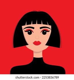 Young girl face. Portrait of woman. Beautiful lady, female. Brunette bob cut hairstyle. Black hair. Avatar for social networks. Lipstick red eyeshadow makeup. Flat design. Red background. Vector