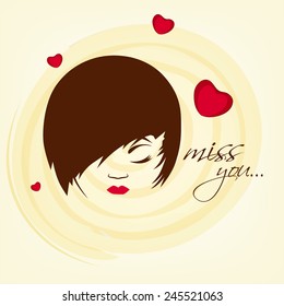 Young girl face with text Miss You on hearts decorated background for Happy Valentines Day celebration.