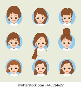 Young girl faces with various hairstyles