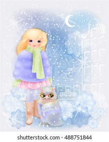 Young girl and fairytale owl in the snowy city. Christmas  and New Year illustration.  Winter in the city. Watercolor style.