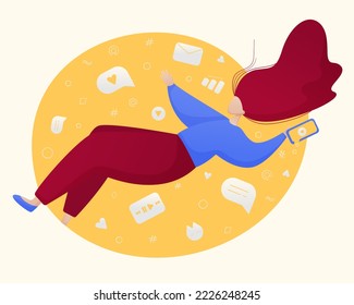 Young girl fall in the phone and uses the Internet and social networks. Vector flat illustration