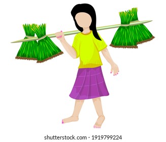 young girl famer with small rice plant vector design