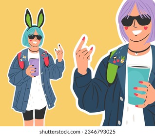 Young girl in fashionable clothes with backpack and animal ears on her head holds drink in paper cup. Vector of female with bag, fashion and lovely illustration