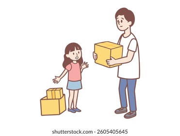 young girl feel sad while packing her things into cardboard boxes to donate. Hand drawn style vector design illustrations.