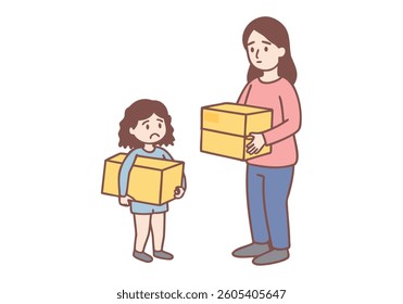 young girl feel sad while packing her things into cardboard boxes to donate. Hand drawn style vector design illustrations.