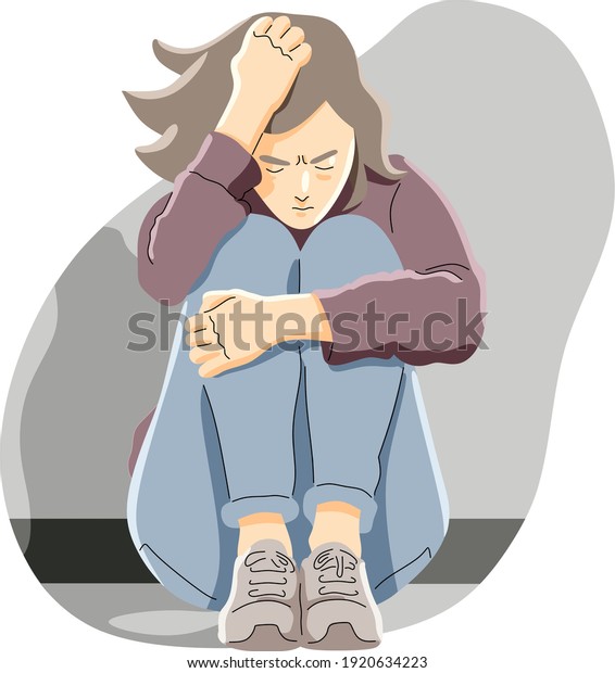 Young Girl Feeling Depressed Sitting On Stock Vector (Royalty Free ...