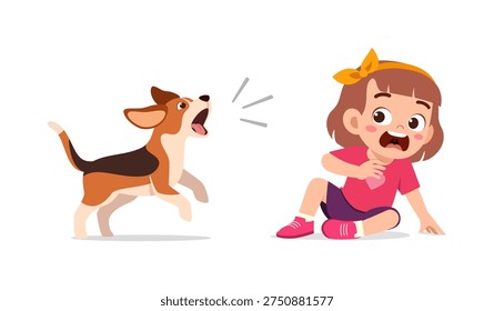 Young girl feeling scared and surprised as a dog barks loudly at her on a white background illustration