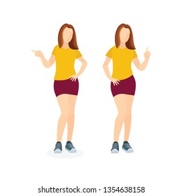 Young girl. Female vector illustration. Pointing pose. Part of set. 