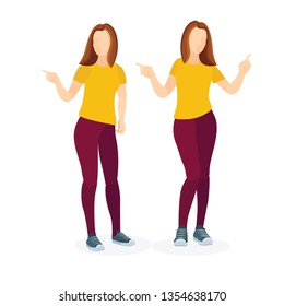 Young girl. Female vector illustration. Pointing pose. Part of set. 