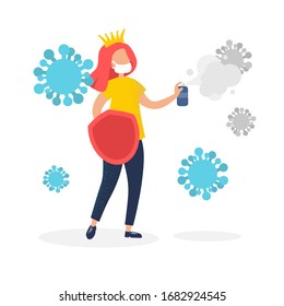 Young girl fights with coronavirus and wins. Fight covid-19 corona virus.  Modern diseases. Vector illustration.