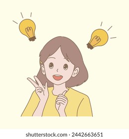 Young girl figuring out creative ideas as light bulbs, problem solving, thinking, finding answer. Hand drawn flat cartoon character vector illustration.