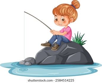 Young girl fishing by a calm pond