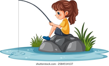 Young girl fishing on a rock by water