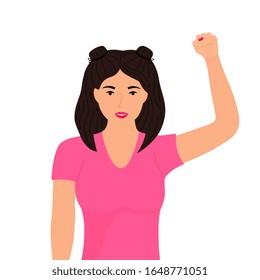 Young girl with fist raised up. Protest Art. International Women's Day. Feminism concept. Fight for rights.