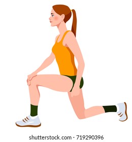 Young girl in fitness sportswear. On knee