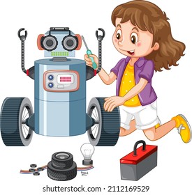 Young girl fixing a robot illustration