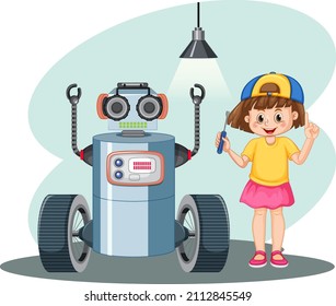 Young girl fixing a robot illustration