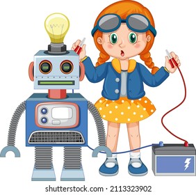 Young girl fixing a robot illustration