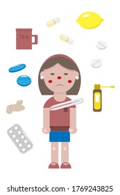 A young girl in a flat style caught a virus or a cold flu. She has a thermometer under her arm. She is with a high fever, headache and red nose. Ways to treat illness in a circle around. Vector.