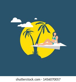 A young girl flies on a paper plane to rest on a desert island. Woman on airplane on the background of palm trees, sun and clouds. Vector summer vacation illustration