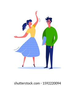 Young girl flirting with guy in glasses. Couple, romance, flirt, young flat vector illustration. Leisure activity and free time concept for banner, website design or landing web page