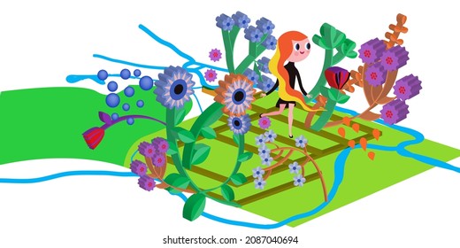 Young girl in flower garden,vector isometric design