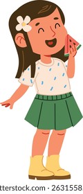 A young girl with a flower in her hair holds a watermelon slice, drawn in a playful cartoon style. She wears a skirt and boots, smiling joyfully. Cartoon vector illustration.