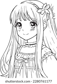 Young girl, a flower in long hair and a ruffled dress. Vector coloring page with cute cartoon anime girl, line art