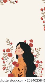 Jovem menina com flores. Dia Internacional da Mulher. Cartão-postal de banner festivo de vetor 8 de março com lugar para texto. Feminismo, empoderamento das mulheres, igualdade de gênero