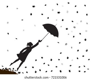 young girl flying away with an umbrella, autumn wind, shadow vector.