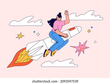 Young girl flying on the rocket in the sky. Businesswoman aim for a goal. Launching and developing of start ups. Hand drawn vector illustration isolated on light background. Trendy flat cartoon style.