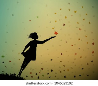 young girl is flying and touching the autumn leaves, autumn feelings, autumn memories, vector