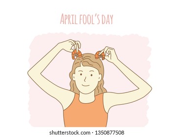 Young girl fooling around on april fool's day. Funy woman playing with food. Female character set yourself shrimp horns. Playing with food on world health day. Sketch in line art style with soft tones